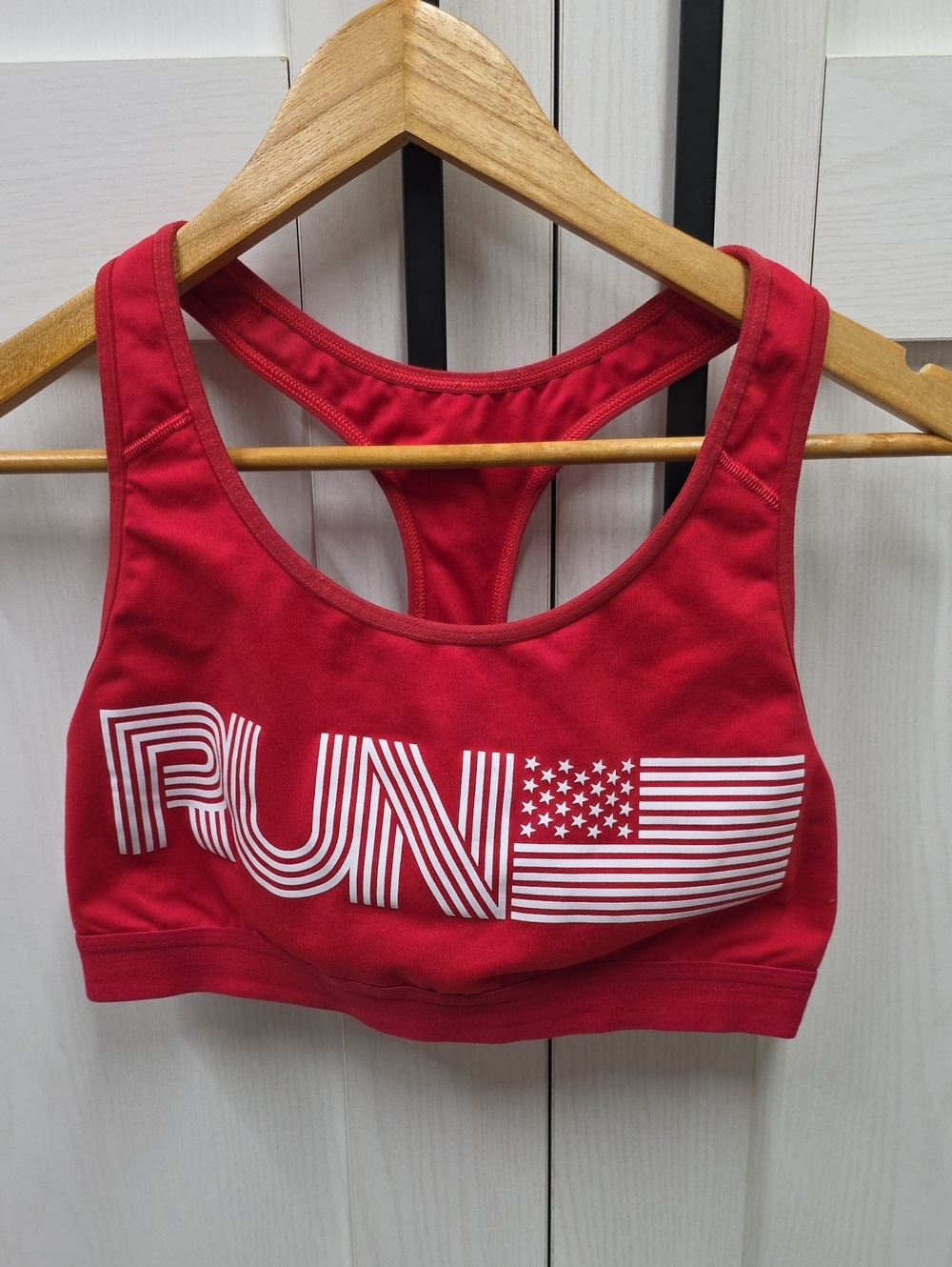 Old Navy Red Racerback Sports Bra with FUN Flag Graphic